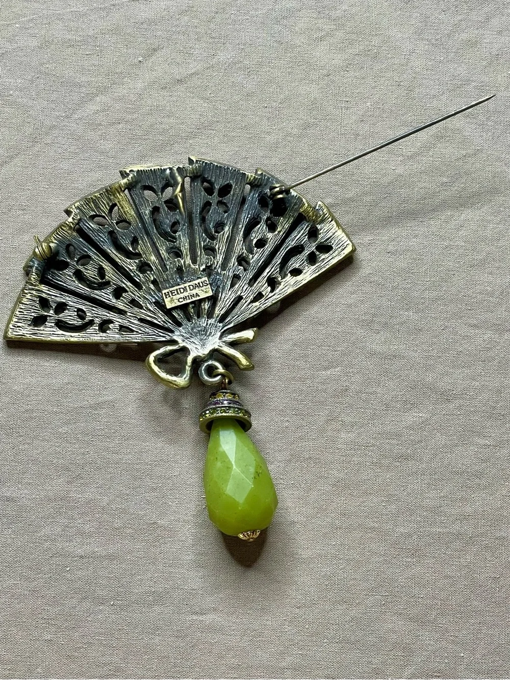 Heidi Daus Vintage Fan Brooch Crystals Pin Green Purple Rust Pave Broach FLAWs